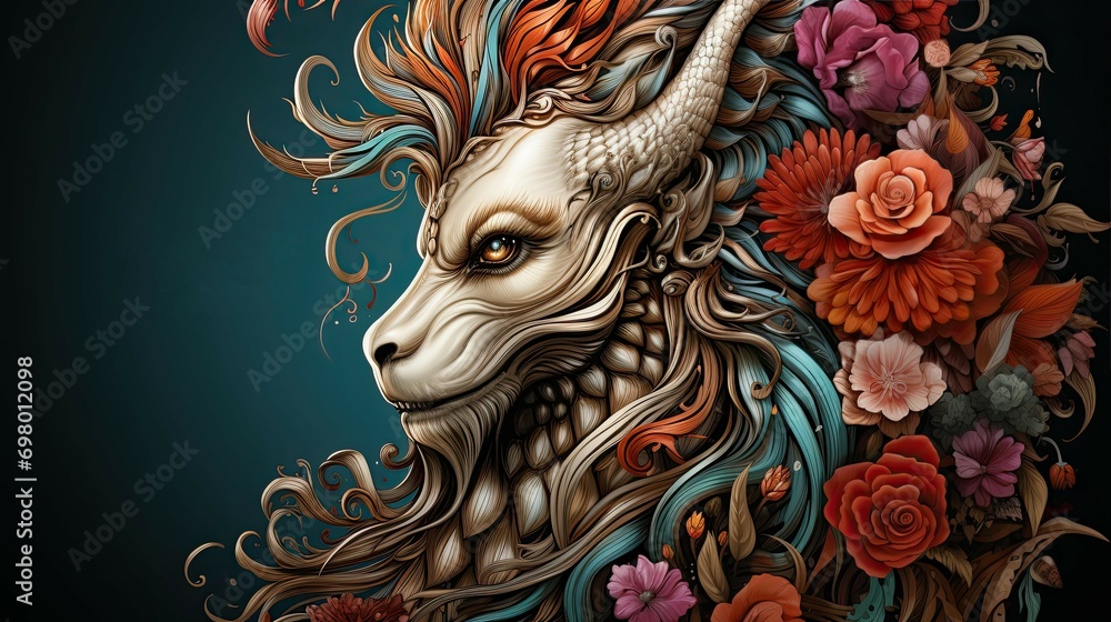 Severe mythical creature with expressive eyes with flowers in its mane with fantasy elements with copy space for posters, party invitations, outline for coloring book