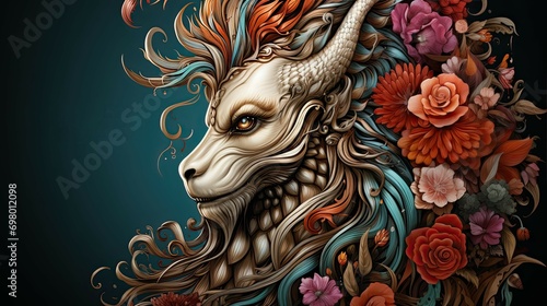 Severe mythical creature with expressive eyes with flowers in its mane with fantasy elements with copy space for posters, party invitations, outline for coloring book © Eugenia