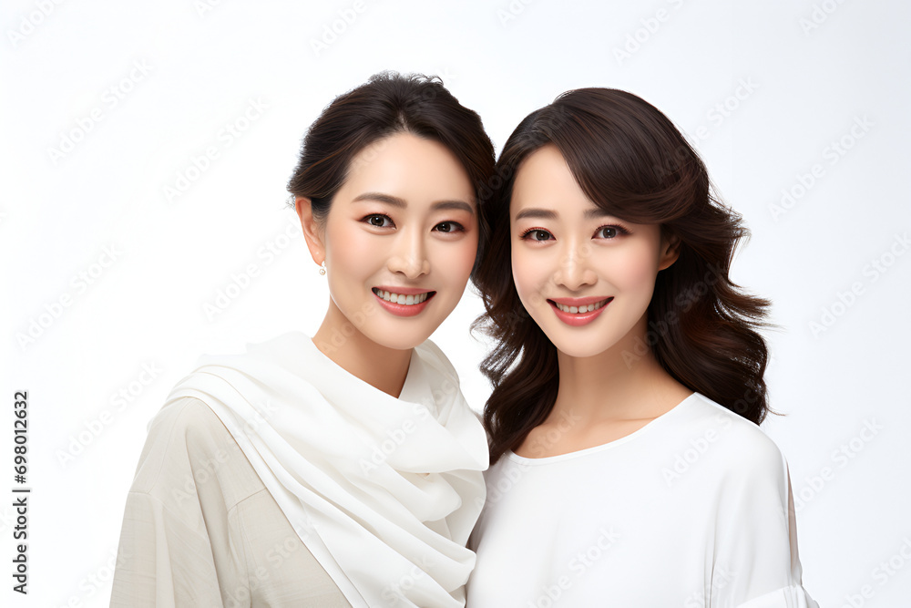 Two beautiful Japanese women mother and daughter together on white background generated AI Two beautiful Japanese women mother and daughter together on white background generated AI