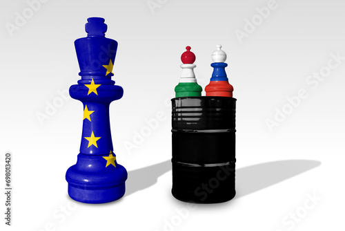 Chess made from EU, Hungary and Russia flags. Viktor Orban and Hungary relations with Europe Union photo