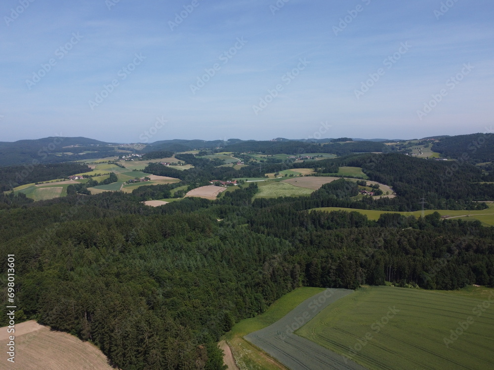 Bavarian forest with fields and meadows
