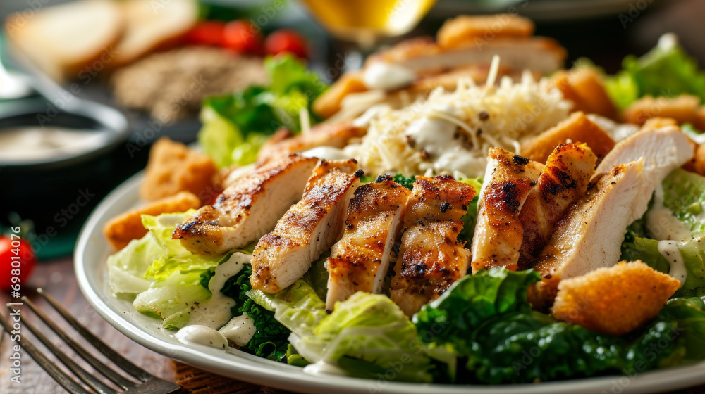 Caesar salad with chicken close-up. Restaurant serving. - obrazy, fototapety, plakaty 
