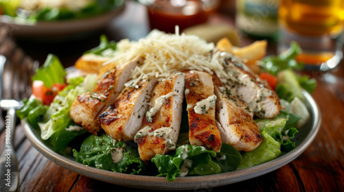 Caesar salad with chicken close-up. Restaurant serving.