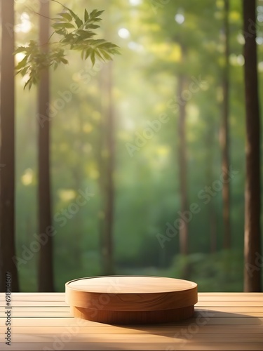 wooden podium and forest sunlight blur background