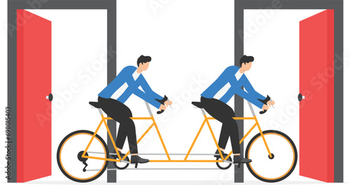 Business Team Riding Tandem Bicycle resign and walk through exit door. Great resignation, employee resign, quit or leaving company, people management or human resources problem concept

