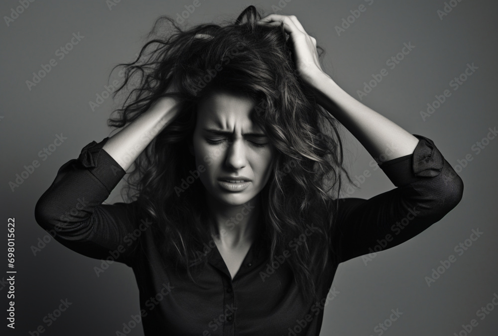 A Woman holding head, headache. Ai generated Images A Woman holding head, headache. Ai generated Images