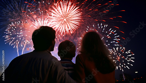 Father, mother and son watching firework explode in the midnight sky, candid, capturing a moment of joy and happiness. New year celebration. Generative Ai illustration.