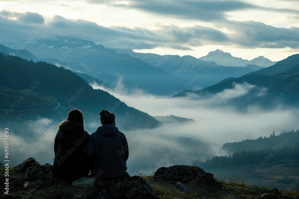 Fototapeta premium Couple Shares Moment Of Silence, Watching The Fog Roll Over Mountain Valley At Dawn