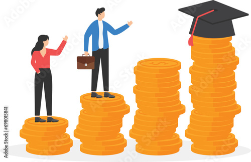 Business people with stacks of gold coins wearing academic graduation hat mortarboard hat. Tuition fees, scholarship. Flat vector illustration

