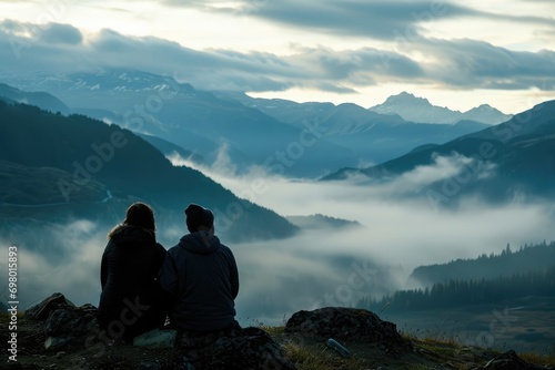 Couple Shares Moment Of Silence, Watching The Fog Roll Over Mountain Valley At Dawn