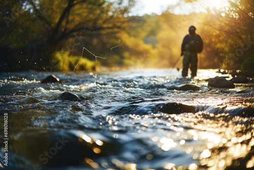 Man Fly Fishes In Stream During The Golden Hour