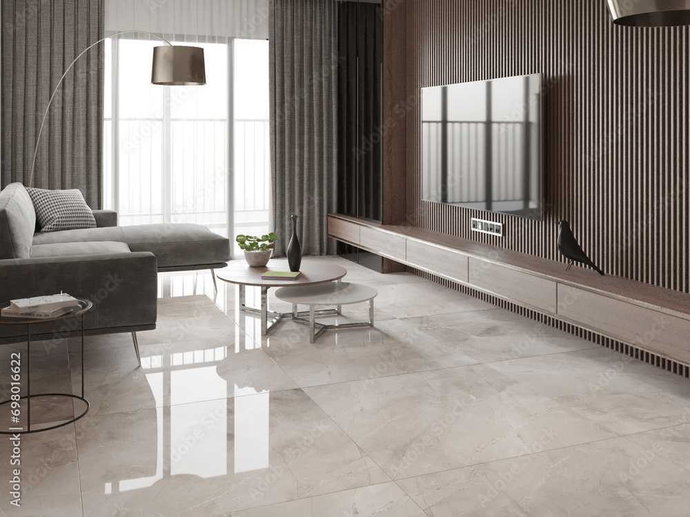 Luxury corner living room with gray sofa and marble coffee table, white