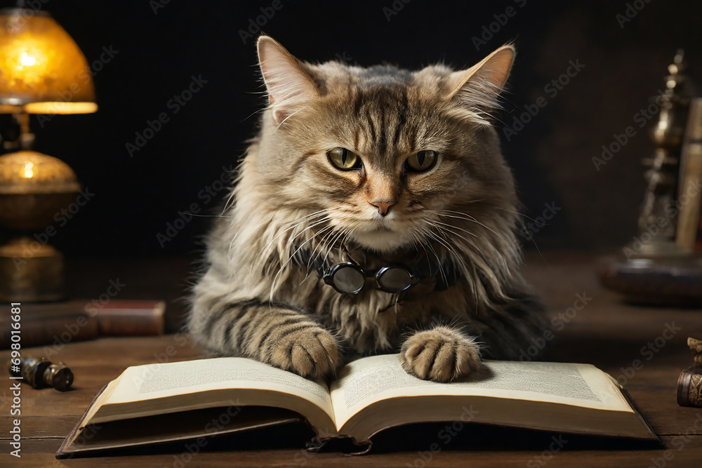 An anthropomorphic cat with glasses reads a book. An anthropomorphic cat with glasses reads a book.