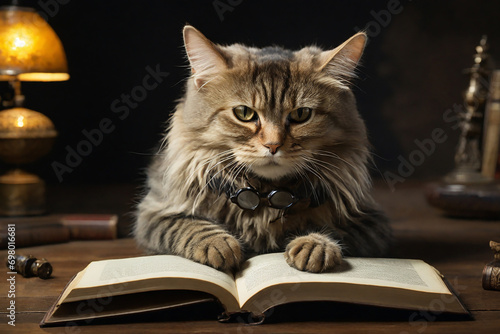 An anthropomorphic cat with glasses reads a book.
