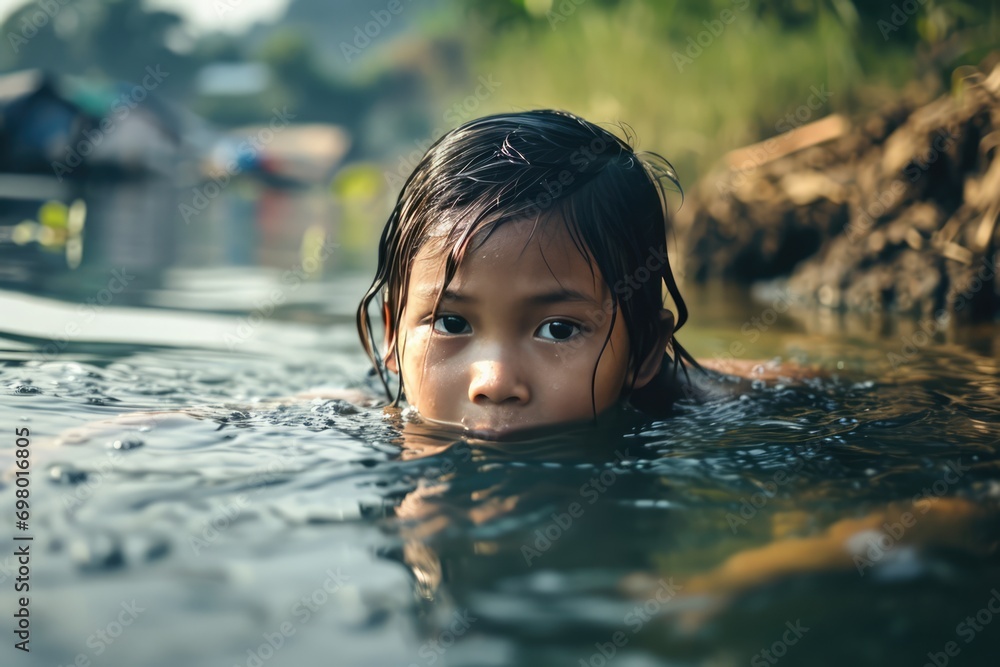 Asian Child Swimming In A Contaminated River