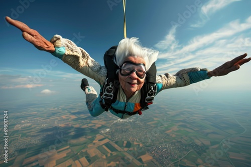 Fearless Elderly Woman Exhilaratingly Skydiving, Symbolizing Freedom photo