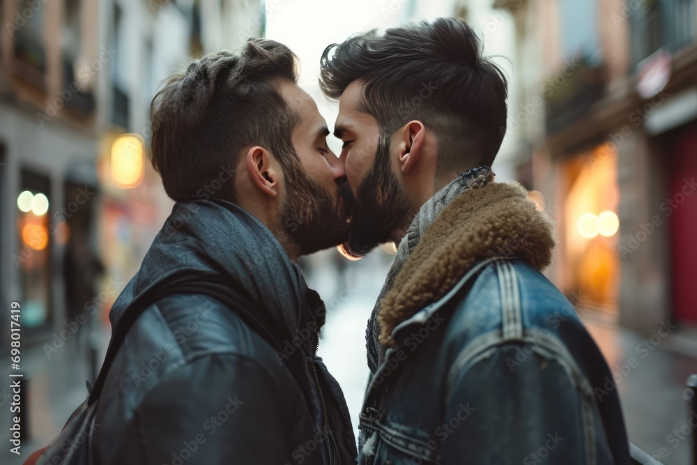 Affectionate Same-Sex Couple Sharing A Kiss In The Urban Setting, Highlighting Their Love Affectionate Same-Sex Couple Sharing A Kiss In The Urban Setting, Highlighting Their Love