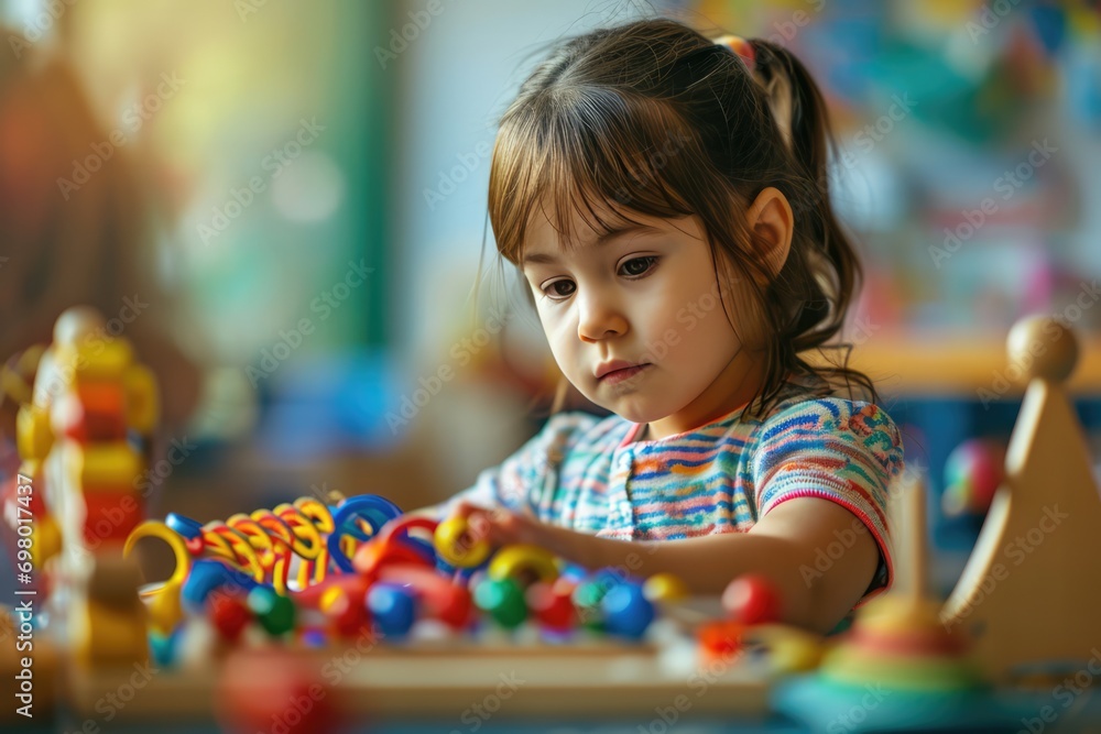 Engaged Kindergarten Girl Discovering Montessori Toys Through Educational Play Engaged Kindergarten Girl Discovering Montessori Toys Through Educational Play