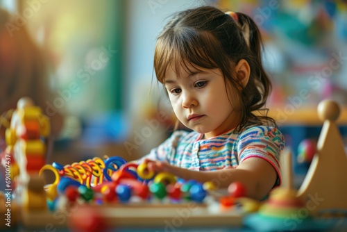 Engaged Kindergarten Girl Discovering Montessori Toys Through Educational Play