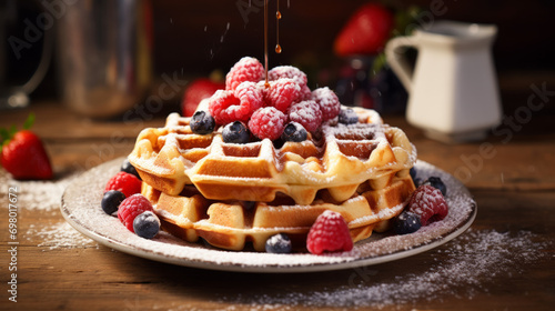 Homemade Belgian waffles with organic berries in close-up. A delicious and healthy dessert.