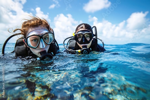 Adventurous Young Couple Scuba Diving In The Pacific Ocean With Beautiful Focus
