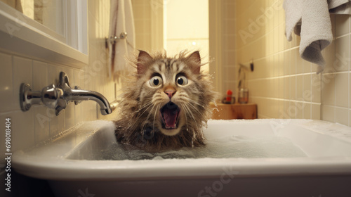 Amusing cat caught off guard in tub. photo