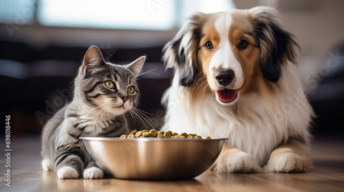 Cat, dog enjoy meal, bonded companionship photo