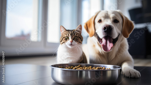 Cat, dog share bowl, loving care photo