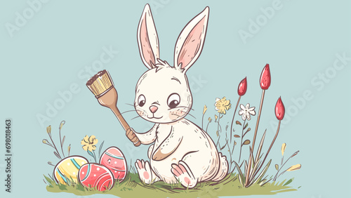 cute easter bunny painting eggs with a brush
