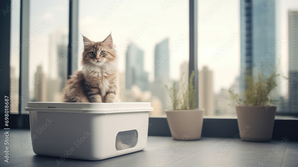 Obraz na płótnie Cat sitting on the cat litter box w salonie