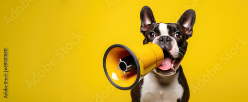 dog poses with megaphone on vivid yellow background. photo