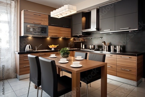 Modern Kitchen with Wooden Cabinets and Dining Area