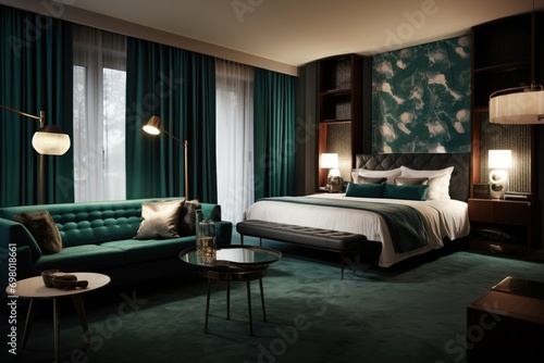Luxurious Hotel Room with Elegant Teal and Dark Wood Decor © KirKam