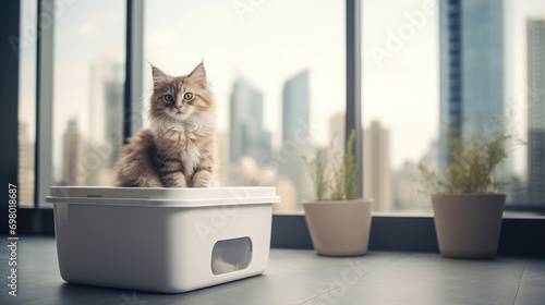 Fototapeta Cat sitting on the cat litter box