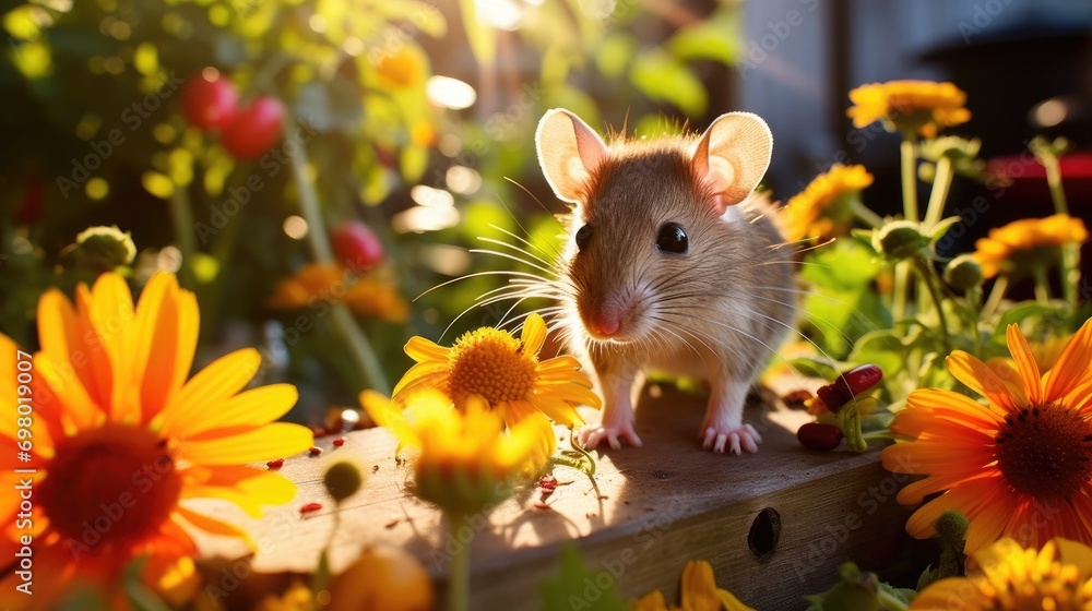 A playful mouse nibbling on a sunflower seed in a sunlit garden A playful mouse nibbling on a sunflower seed in a sunlit garden