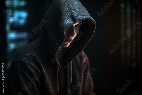 A programer  with hoody used computer..image generate with AI. Generative AI
