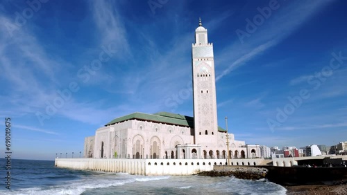 Casablanca. Morning's First Blush at Hassan II Mosque - This clip beautifully demonstrates the interplay of natural light and the mosque's elegant architecture at dawn. photo