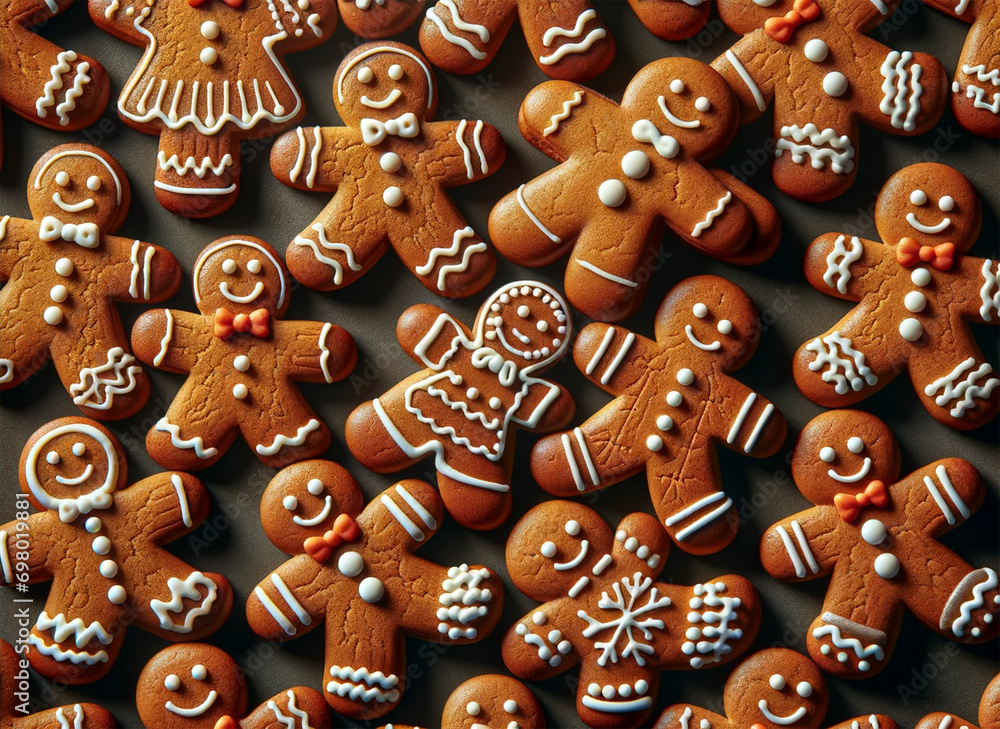 photography background texture of many gingerbread men cookies, top view, creating a seamless pattern