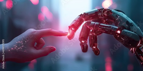 Compelling showcases intersection of technology and human connection symbolized through digital handshake. Futuristic concept portrays harmonious blend of artificial intelligence ai