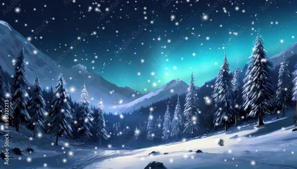 Snow falling over a winter forest animation style Snow falling over a winter forest animation style