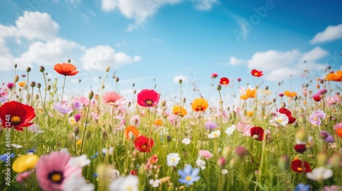 Fototapeta Naklejka Na Ścianę i Meble -  A field of wild daisies basking in the sunlight, with a forest and blue sky in the background.