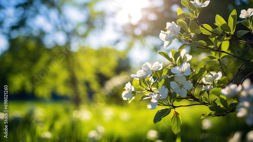 Delicate white spring blossoms emerge in the foreground of a sunlit pastoral scene, evoking warmth and growth.