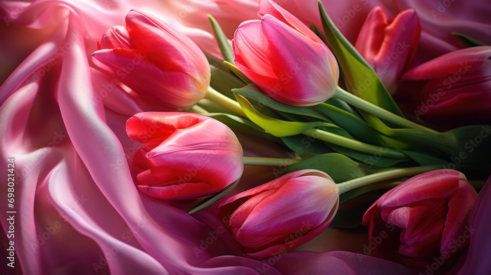 Obraz premium Soft pink tulips basking in warm light, nestled against a plush satin fabric for a romantic presentation.