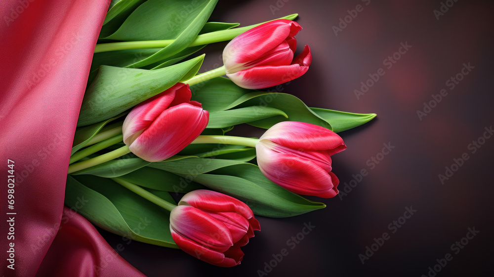 A group of red tulips leans against a dark red silky backdrop, creating a dramatic and romantic atmosphere. A group of red tulips leans against a dark red silky backdrop, creating a dramatic and romantic atmosphere.