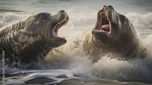 Close-up of two rivaling southern elephant seal photo