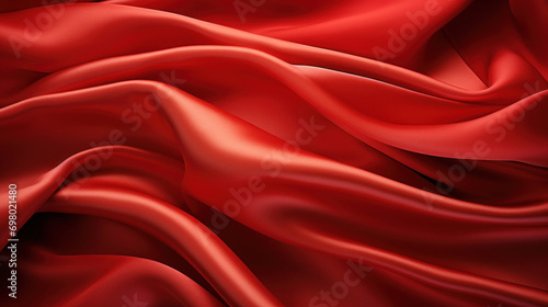 Close-up of a red satin fabric's luxurious and smooth waves, showcasing depth and texture perfect for elegant backgrounds.