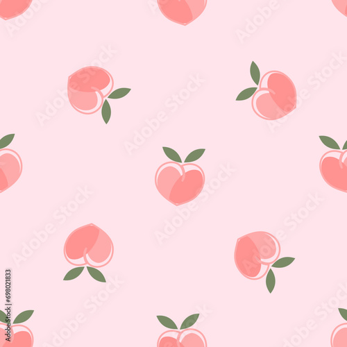 Seamless pattern of pink peach with green leaf on pink background vector illustration.