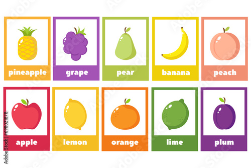 Set of cards with fruits. Collection of different fruits. Postcards for children in cartoon style. Educational material. English vocabulary, educational card for children, vector design in flat style