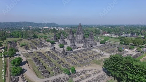 Prambanan Temple, Hindu Monument in Indonesia Aerial Drone Footage photo