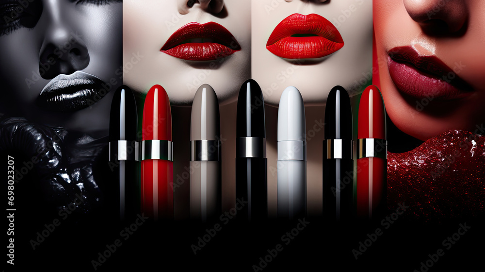 Set of different colors of lipsticks on women's bright lips background. Lipstick advertising banner mockup. - obrazy, fototapety, plakaty 